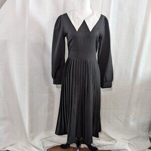 Black Pleated Midi Dress White Collar Long Sleeve Size S/M Dark Academia Goth
